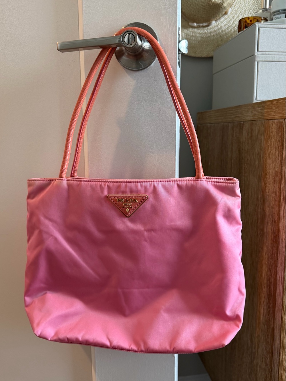 Prada Pink Nylon Shoulder Tote with Gold Triangle Logo